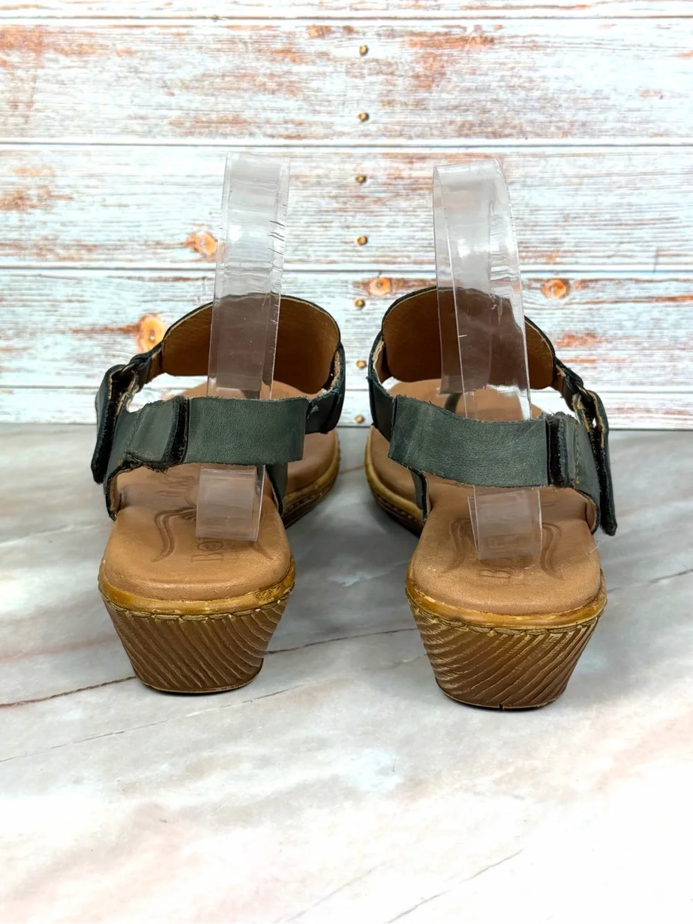 Born Karis Wedge Thong Slingback Sandals in Dark Sage Leather